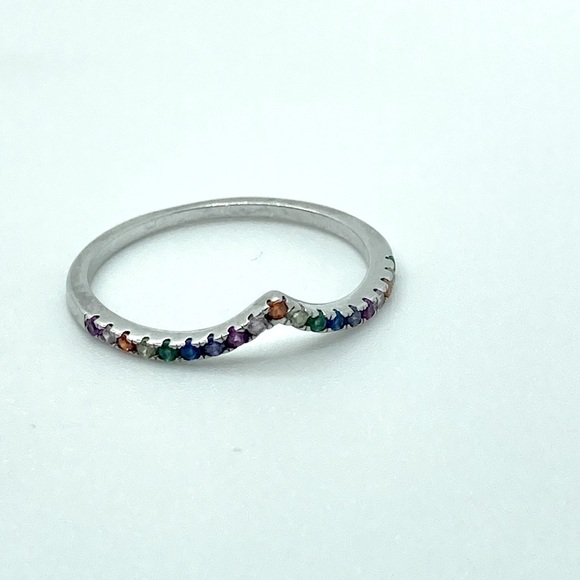 Vtg sterling rainbow multi gem stone chevron V ring sz 6.75 - Picture 3 of 15